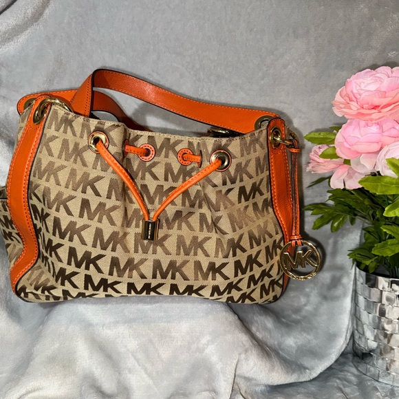 Michael Kors Handbags - Michael Kors Ludlow Monogram Canvas & Orange Leather Shoulder Bag